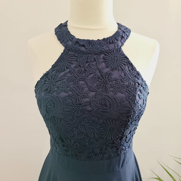 Lulu's Women Medium Picture Perfect Formal Gown Dress Navy Blue Lace Bodice Slit - Picture 2 of 11